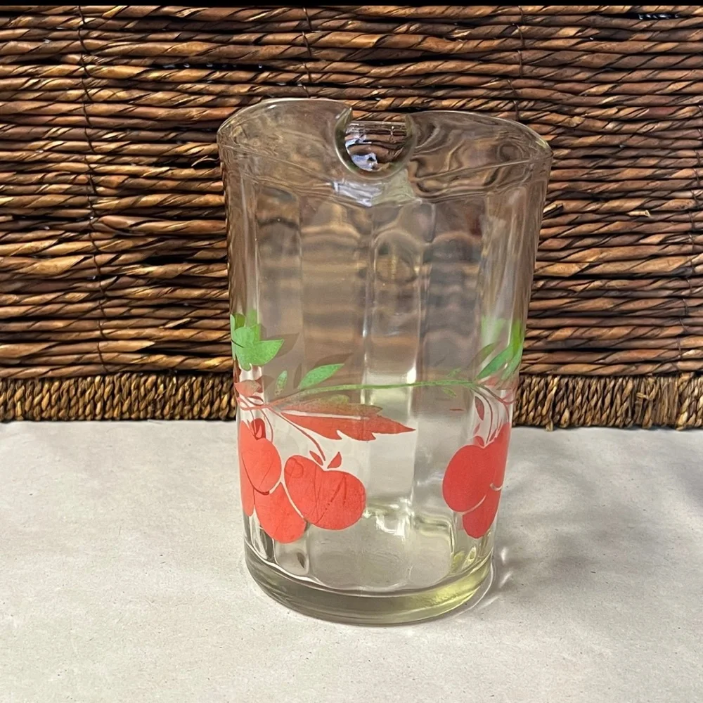 Vintage Glass Juice Ice Lip Pitcher With Cherry Motif